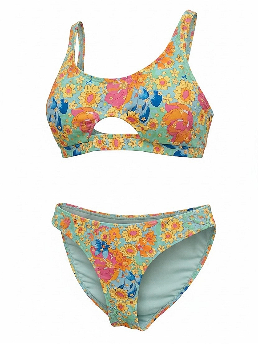 NEW! Heat Swim Floral Cutout Two-Piece Bikini - Aqua with Yellow & Pink Flowers
